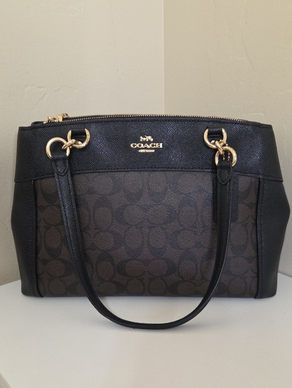 Coach Brown Signature Monogram Satchel with Black Trim and Gold Hardware